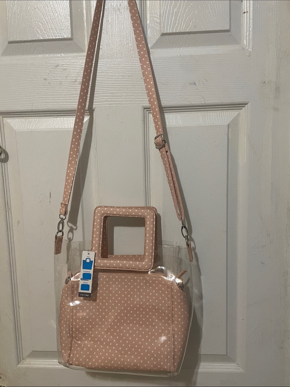 Pink Polka Dot Clear Crossbody Bag with Inner Pouch